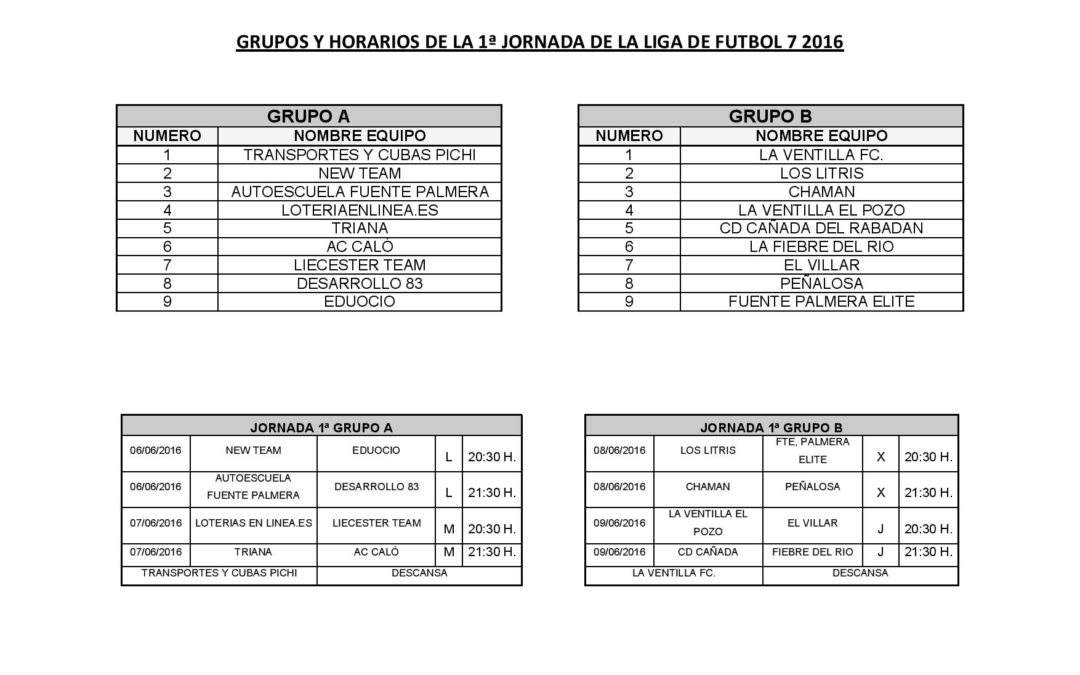 HORARIOS Y GRUPOS 1ª JORNADA LIGA DE FUTBOL 7