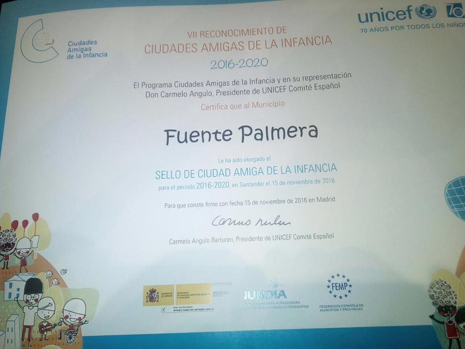 El Alcalde de La Colonia de Fuente Palmera recoge hoy en Santander el galardón Ciudad Amiga de la Infancia otorgado por UNICEF. 1