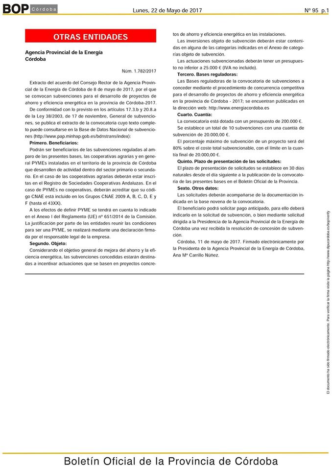 CONVOCATORIA DE SUBVENCIONES PARA EL DESARROLLO DE PROYECTOS DE AHORRO Y EFICIENCIA ENERGÉTICA 1