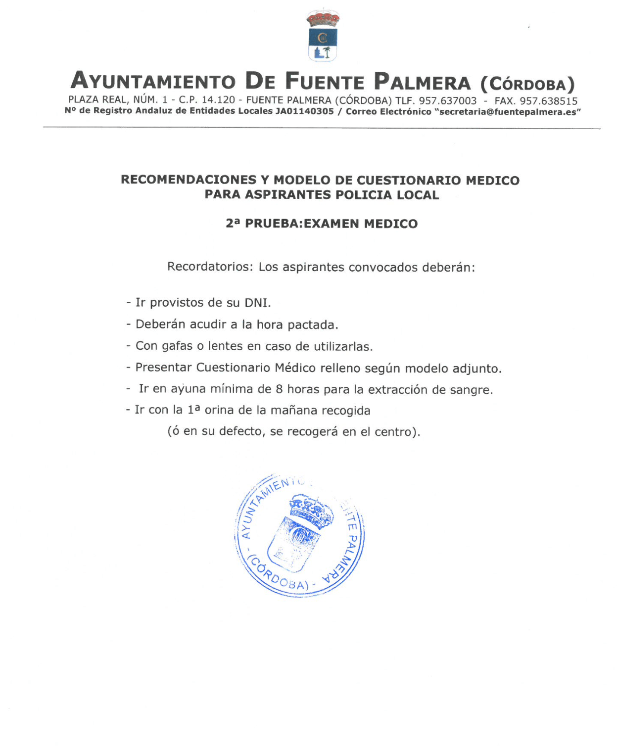 RECOMENDACIONES Y MODELO DE CUESTIONARIO MEDICO PARA ASPIRANTES POLICIA LOCAL 1