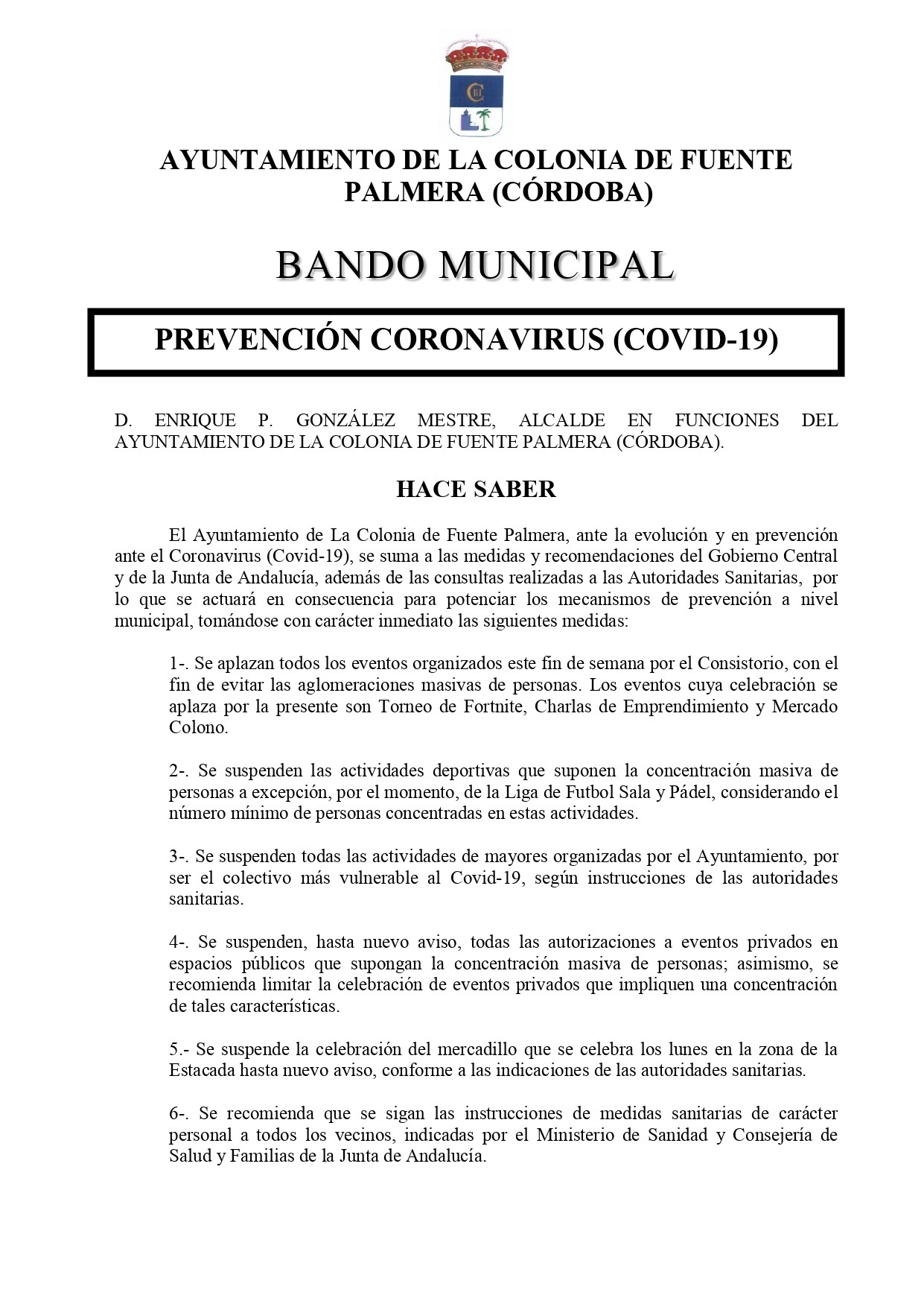 Bando coronavirus Ayuntamiento Fuente Palmera