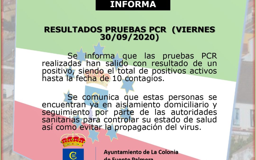 A 30 DE SEPTIEMBRE, LOS CASOS ACTIVOS DE COVID EN EL MUNICIPIO SON 10
